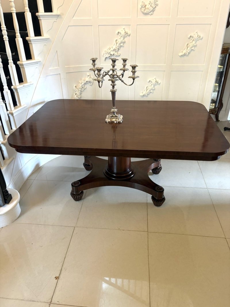 Antique William IV English Figured Mahogany Pedestal Tilt Top Dining Table - Image 5