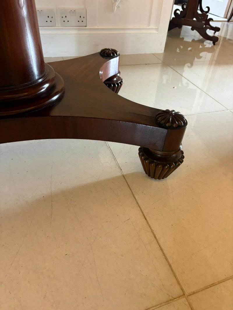 Antique William IV English Figured Mahogany Pedestal Tilt Top Dining Table - Image 6