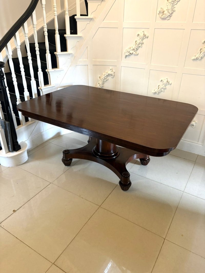 Antique William IV English Figured Mahogany Pedestal Tilt Top Dining Table - Image 3