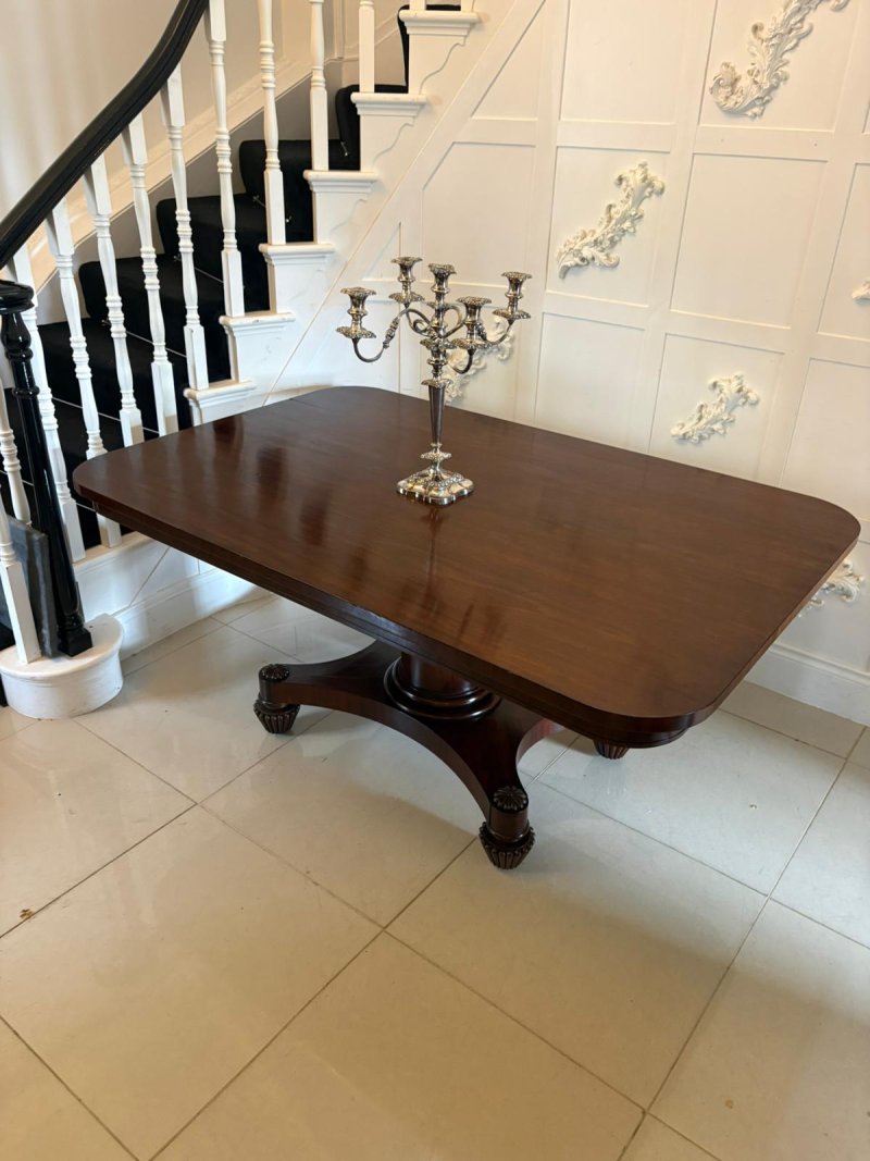 Antique William IV English Figured Mahogany Pedestal Tilt Top Dining Table - Image 4