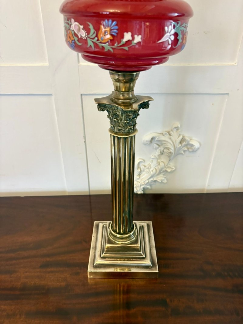 Antique Victorian Brass Oil Lamp with Cranberry Glass Font and Corinthian Column - Image 5