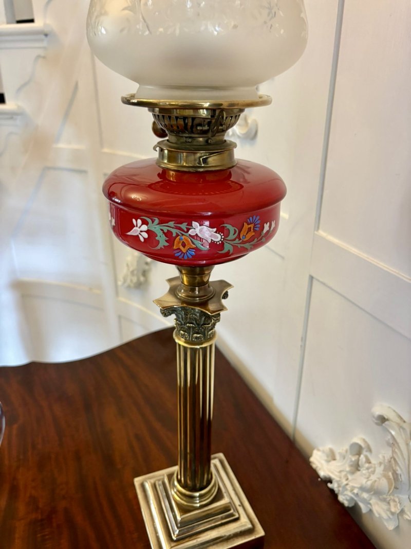Antique Victorian Brass Oil Lamp with Cranberry Glass Font and Corinthian Column - Image 4
