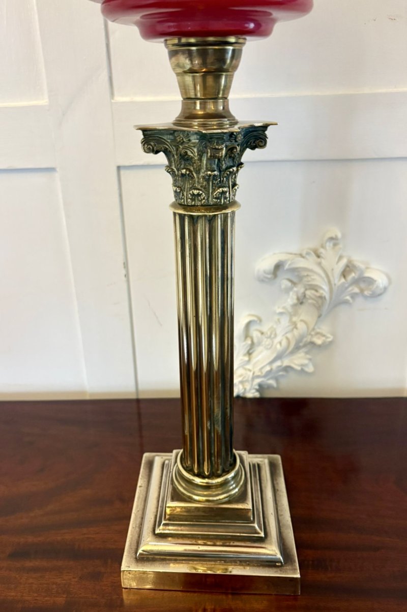 Antique Victorian Brass Oil Lamp with Cranberry Glass Font and Corinthian Column - Image 7