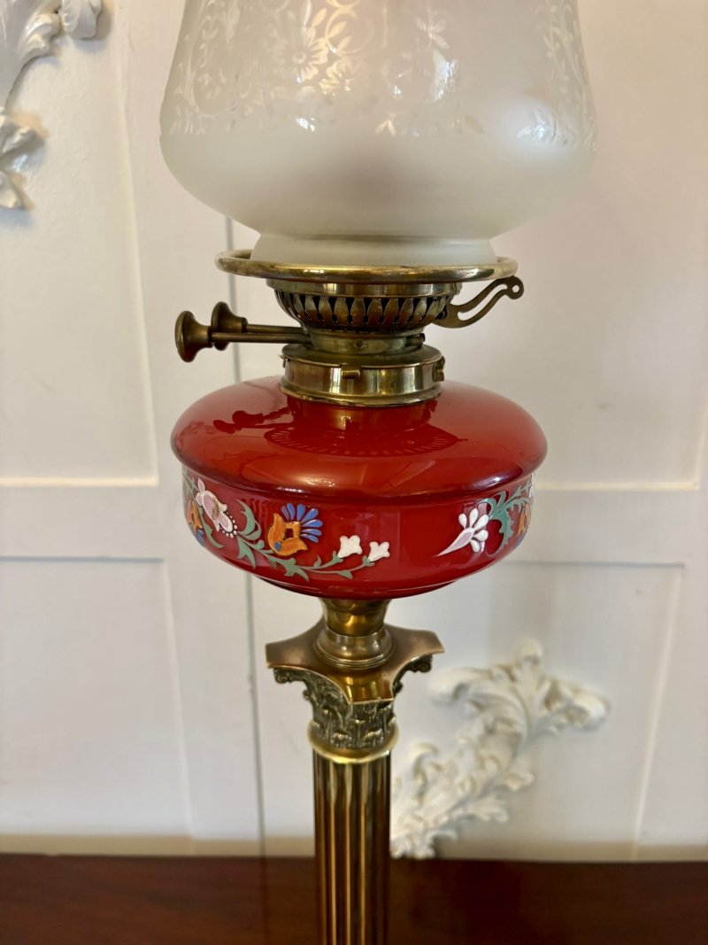 Antique Victorian Brass Oil Lamp with Cranberry Glass Font and Corinthian Column - Image 3