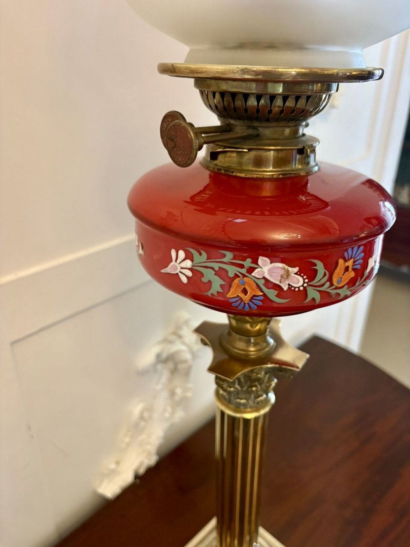 Antique Victorian Brass Oil Lamp with Cranberry Glass Font and Corinthian Column - Image 6