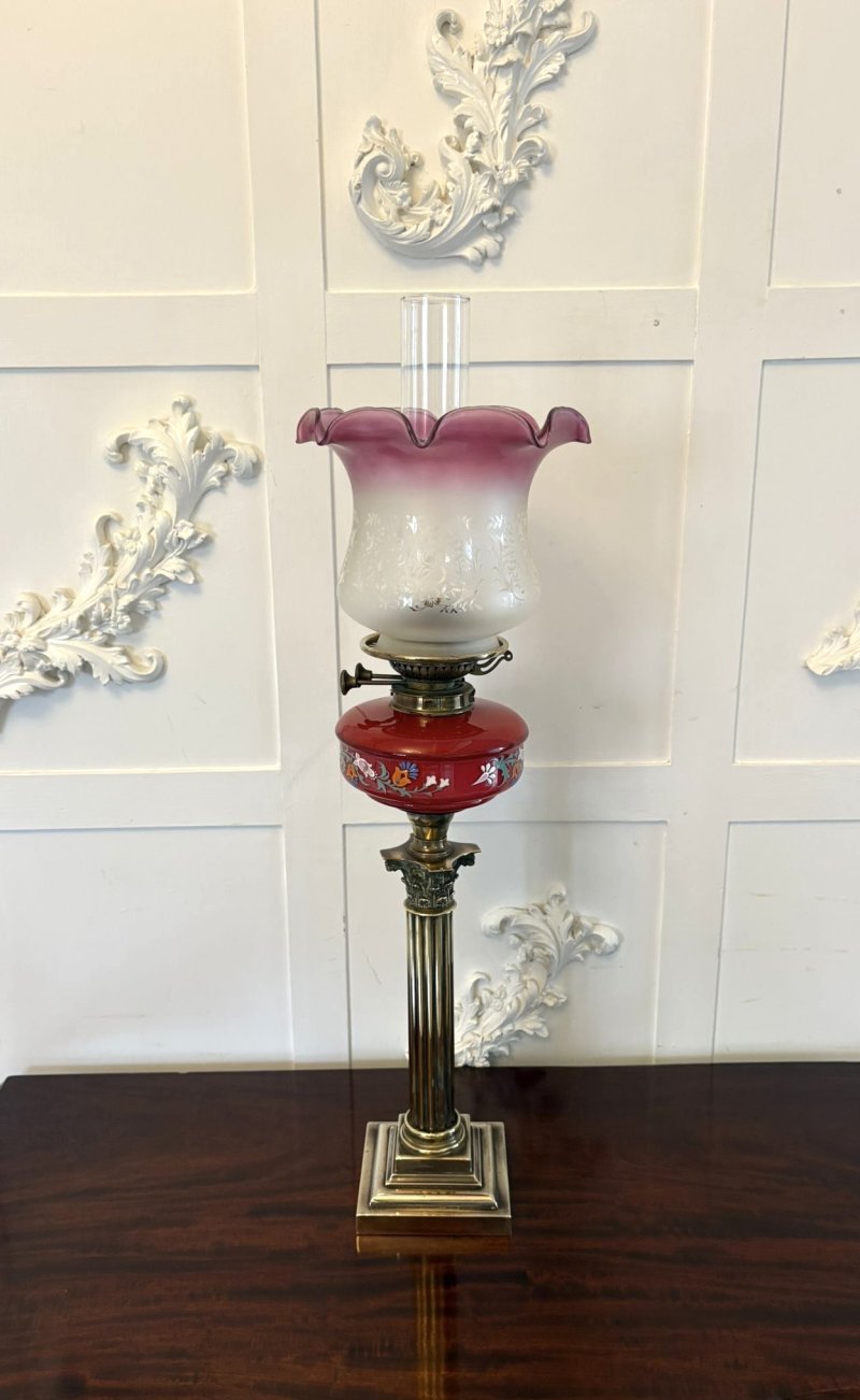 Antique Victorian Brass Oil Lamp with Cranberry Glass Font and Corinthian Column