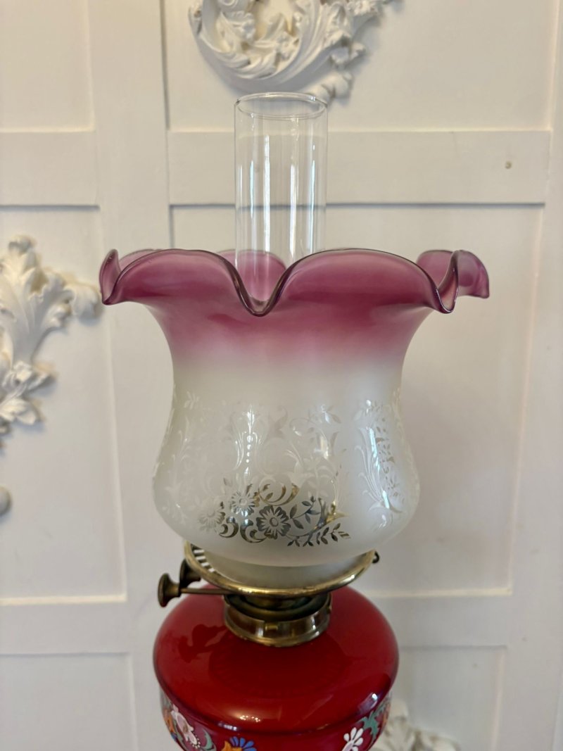 Antique Victorian Brass Oil Lamp with Cranberry Glass Font and Corinthian Column - Image 2