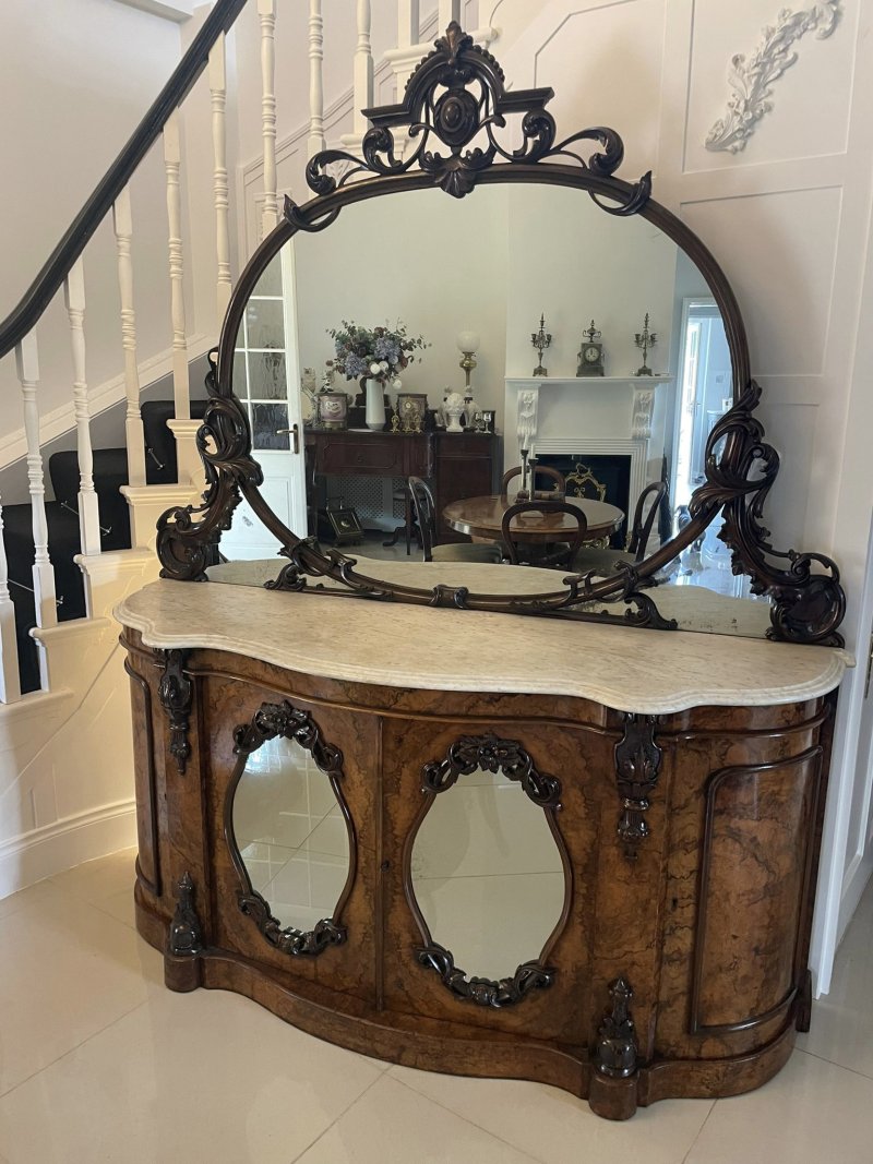Outstanding Quality Antique Victorian Burr Walnut And Carved Mirror Back Credenza/Sideboard