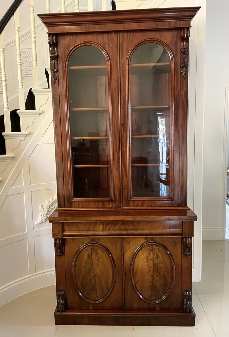 Outstanding Quality Antique Victorian Figured Mahogany Glazed Cupboard Bookcase