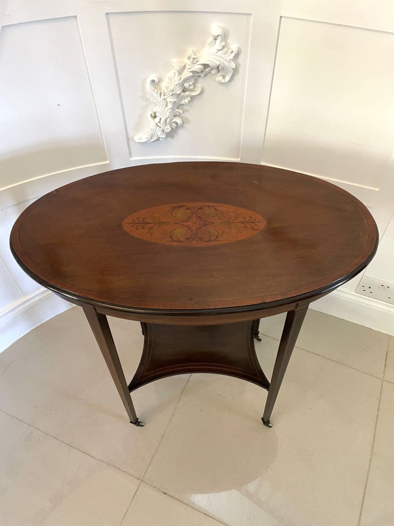 Antique Edwardian Oval Quality Mahogany Inlaid Lamp Table - Image 11