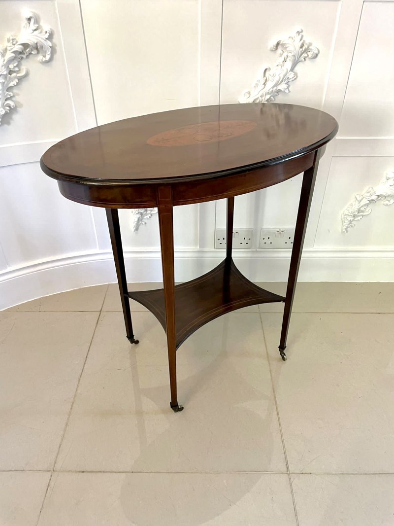 Antique Edwardian Oval Quality Mahogany Inlaid Lamp Table - Image 4