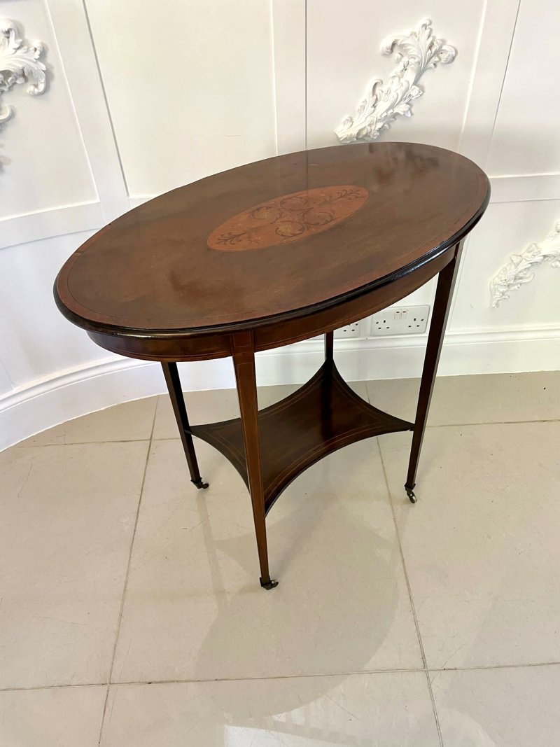 Antique Edwardian Oval Quality Mahogany Inlaid Lamp Table - Image 2