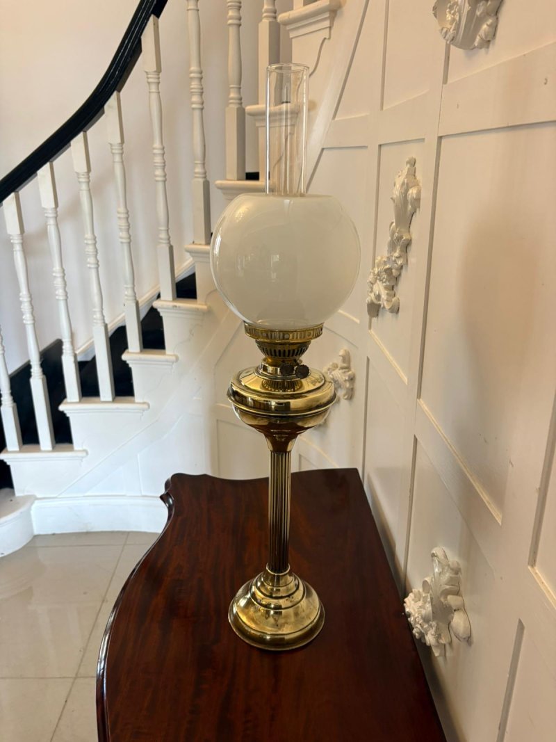 Antique Edwardian English Brass Oil Lamp With Opaline Shade