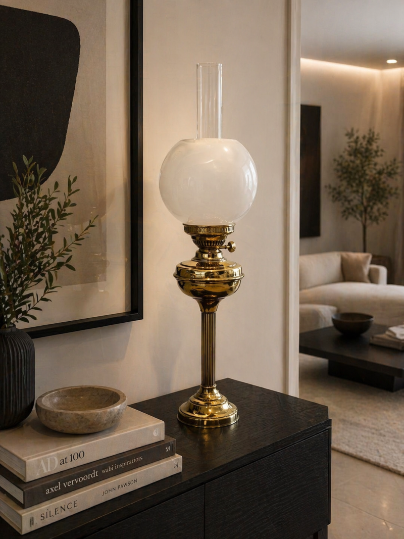 Antique Edwardian English Brass Oil Lamp With Opaline Shade - Image 2