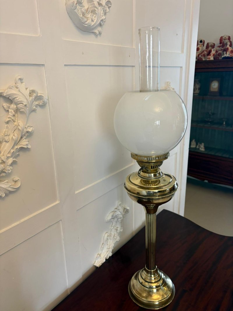 Antique Edwardian English Brass Oil Lamp With Opaline Shade - Image 5