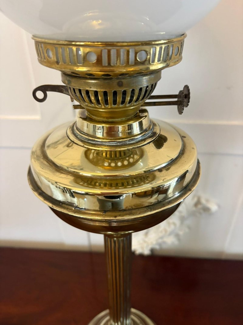 Antique Edwardian English Brass Oil Lamp With Opaline Shade - Image 4