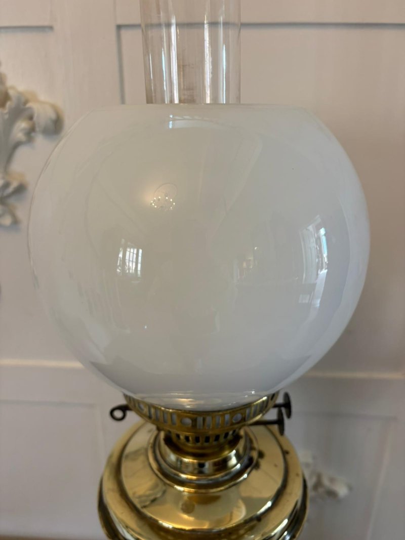 Antique Edwardian English Brass Oil Lamp With Opaline Shade - Image 6