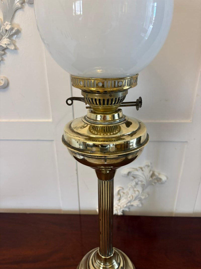 Antique Edwardian English Brass Oil Lamp With Opaline Shade - Image 10
