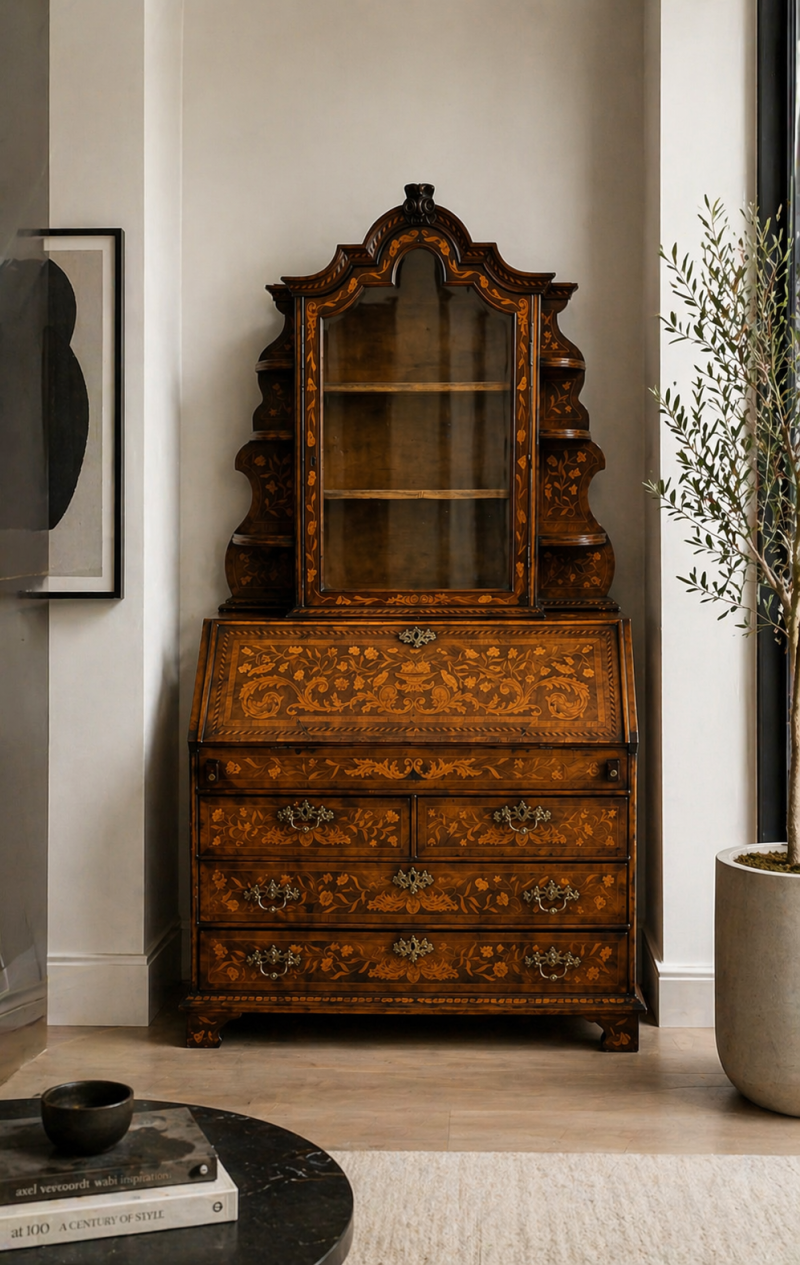Antique Dutch Marquetry Walnut Bureau Bookcase Desk Cabinet - Image 2