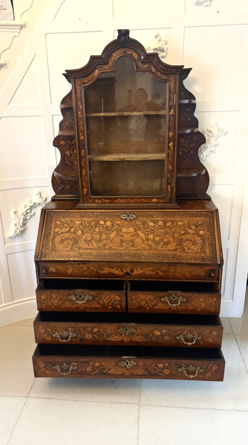 Antique Dutch Marquetry Walnut Bureau Bookcase Desk Cabinet - Image 3