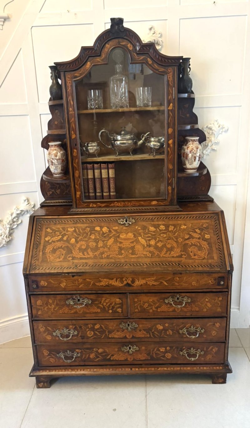 Antique Dutch Marquetry Walnut Bureau Bookcase Desk Cabinet - Image 4