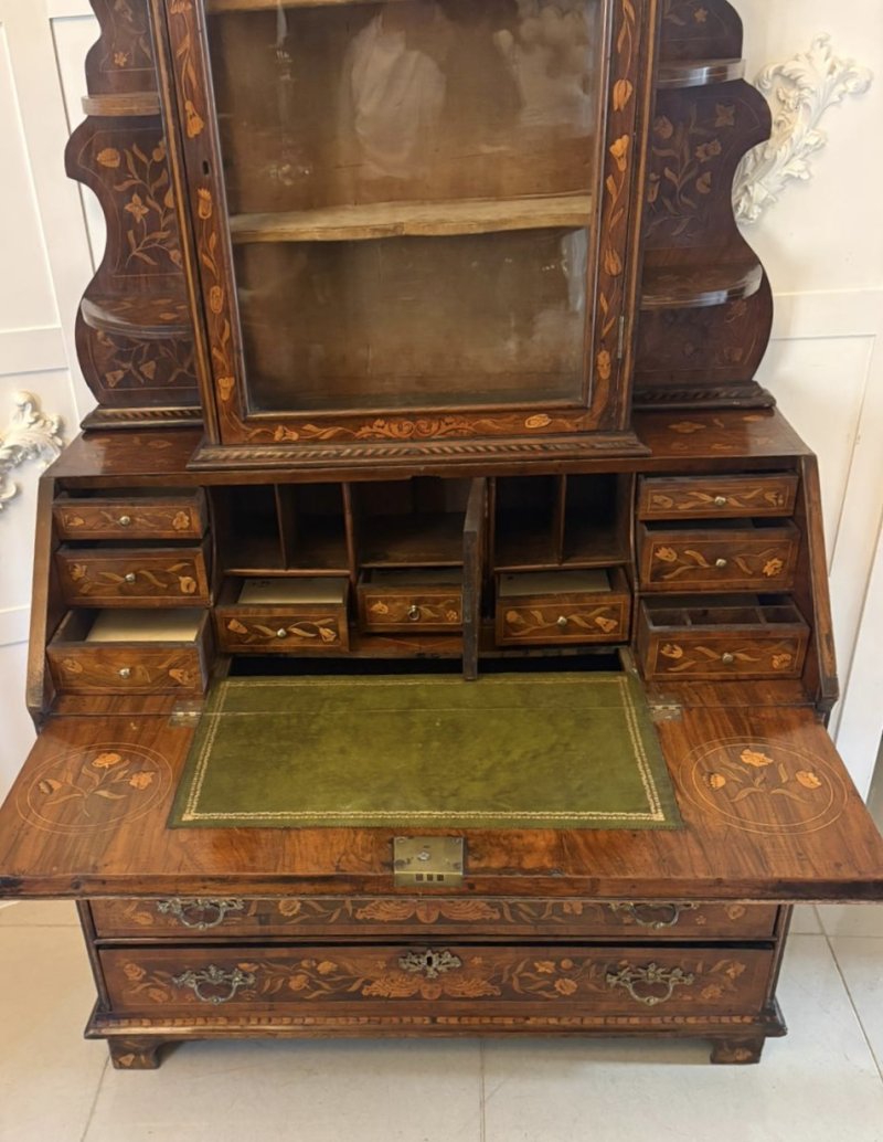 Antique Dutch Marquetry Walnut Bureau Bookcase Desk Cabinet - Image 11