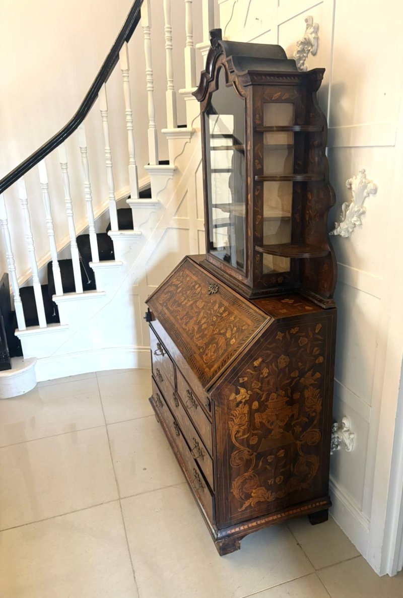 Antique Dutch Marquetry Walnut Bureau Bookcase Desk Cabinet - Image 5