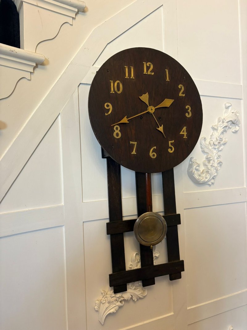 Antique Arts and Crafts Oak Wall Clock Eight Day Striking Movement Brass Numerals - Image 3