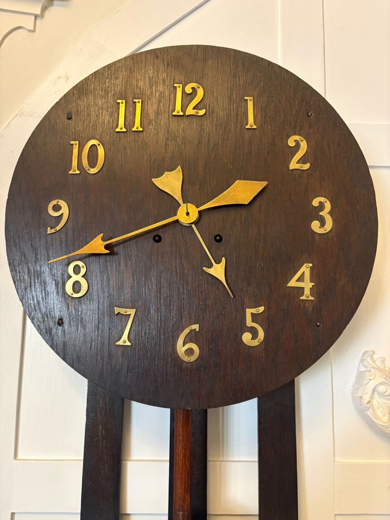 Antique Arts and Crafts Oak Wall Clock Eight Day Striking Movement Brass Numerals - Image 6