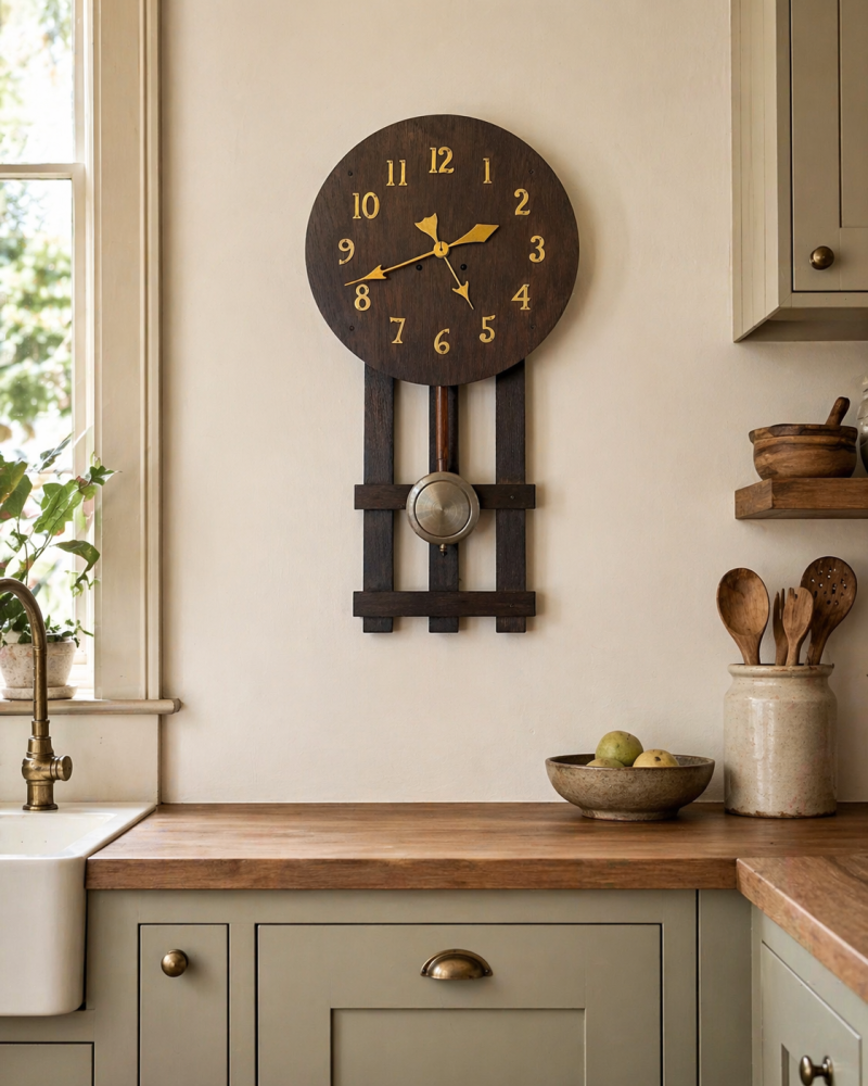 Antique Arts and Crafts Oak Wall Clock Eight Day Striking Movement Brass Numerals - Image 2