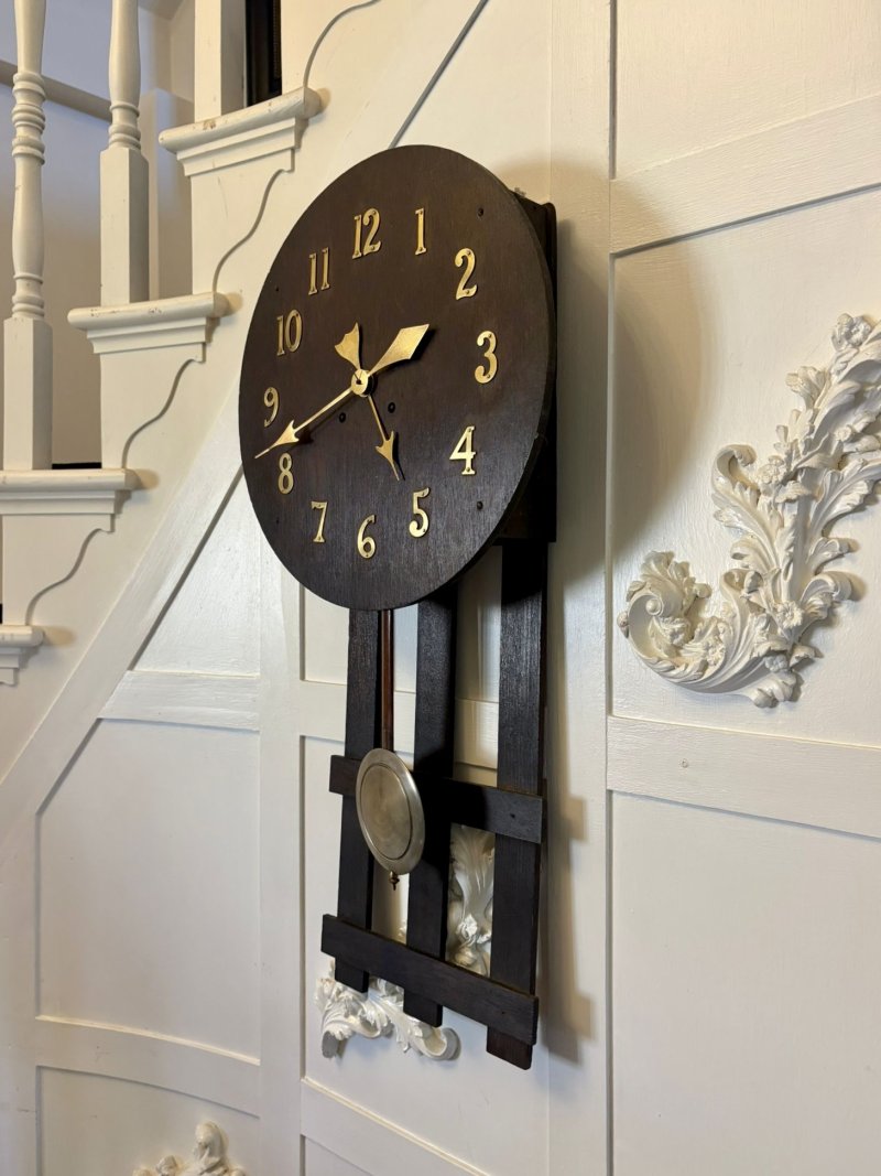 Antique Arts and Crafts Oak Wall Clock Eight Day Striking Movement Brass Numerals - Image 4