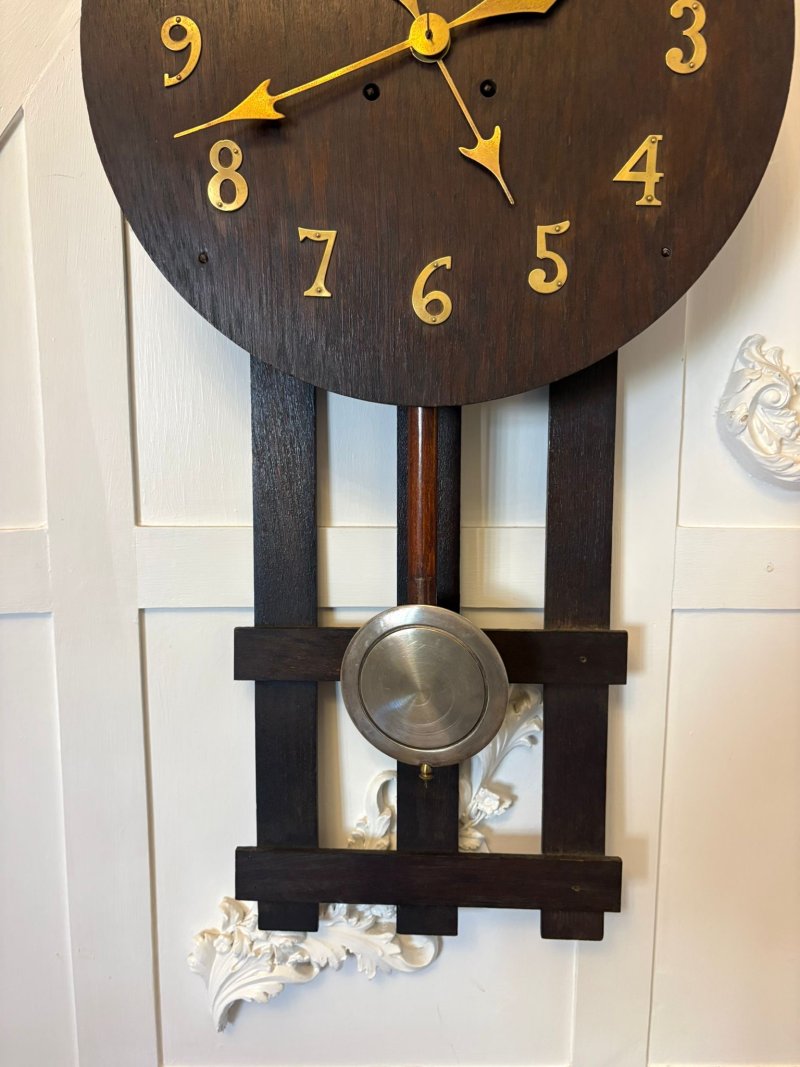 Antique Arts and Crafts Oak Wall Clock Eight Day Striking Movement Brass Numerals - Image 7