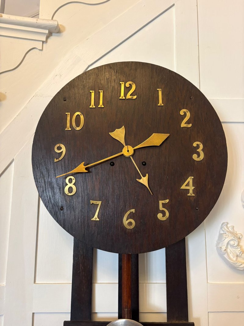 Antique Arts and Crafts Oak Wall Clock Eight Day Striking Movement Brass Numerals - Image 5