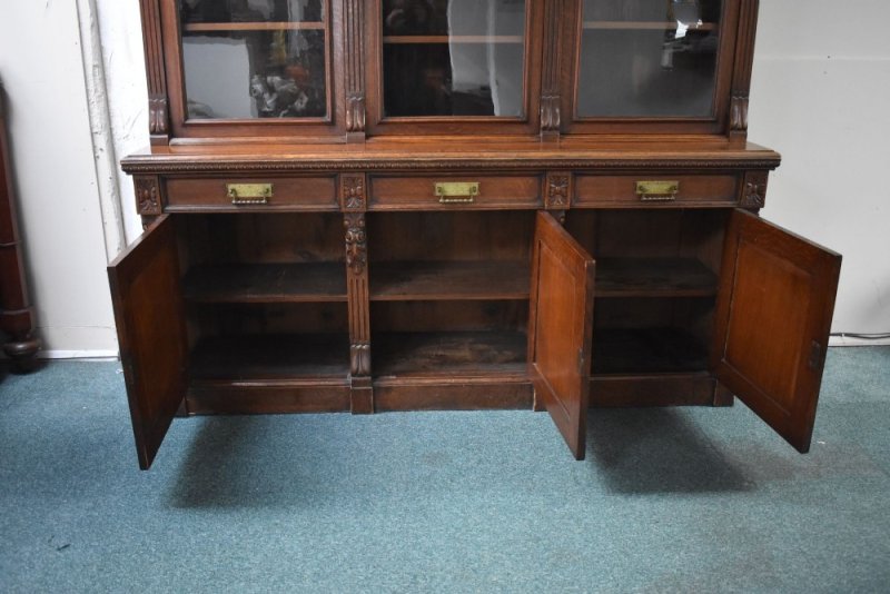 Victorian Carved Oak Three Door Bookcase - Image 8