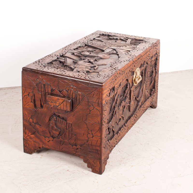 Deeply Carved Oriental Camphorwood Trunk - Image 4