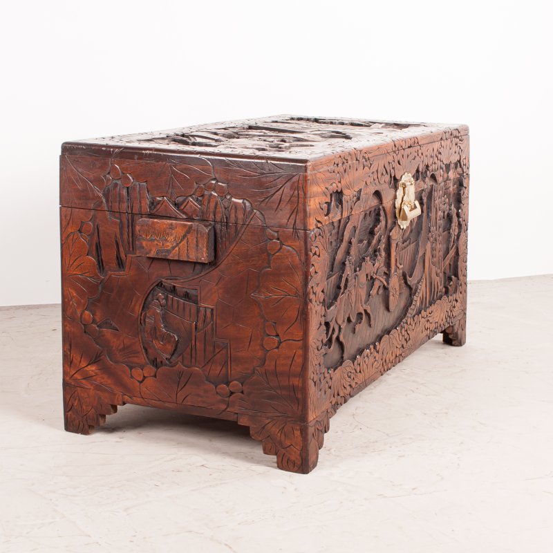Deeply Carved Oriental Camphorwood Trunk - Image 5