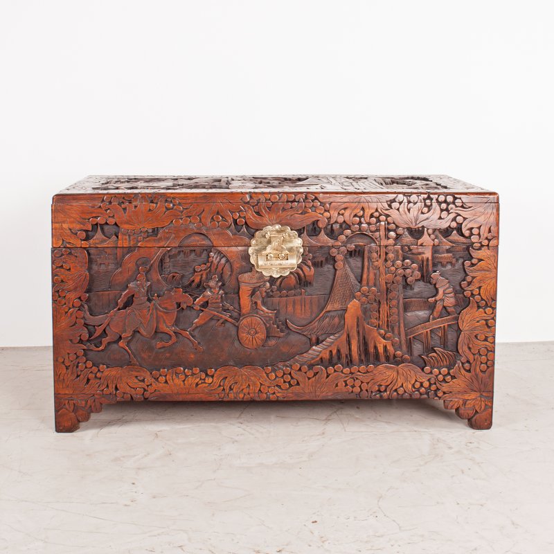 Deeply Carved Oriental Camphorwood Trunk - Image 3