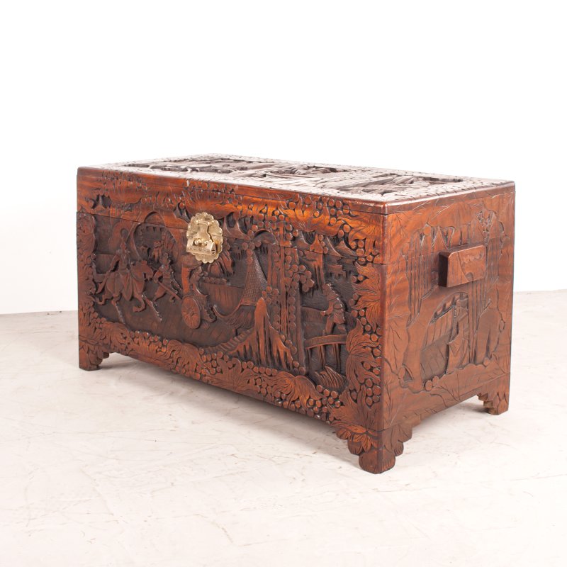 Deeply Carved Oriental Camphorwood Trunk - Image 7