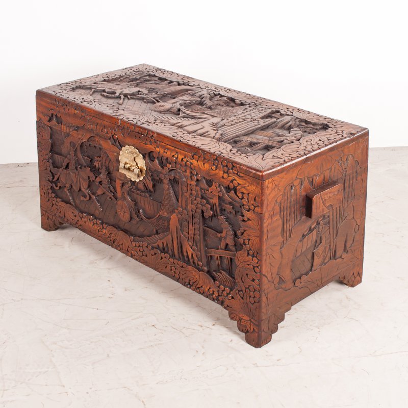 Deeply Carved Oriental Camphorwood Trunk - Image 6