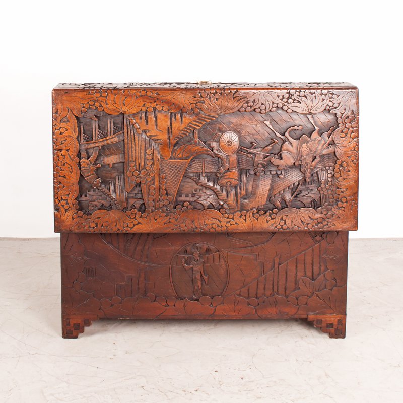 Deeply Carved Oriental Camphorwood Trunk - Image 9