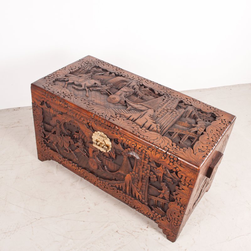 Deeply Carved Oriental Camphorwood Trunk - Image 8