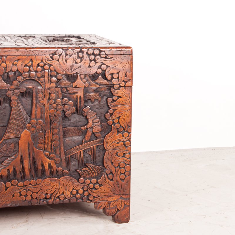 Deeply Carved Oriental Camphorwood Trunk - Image 12