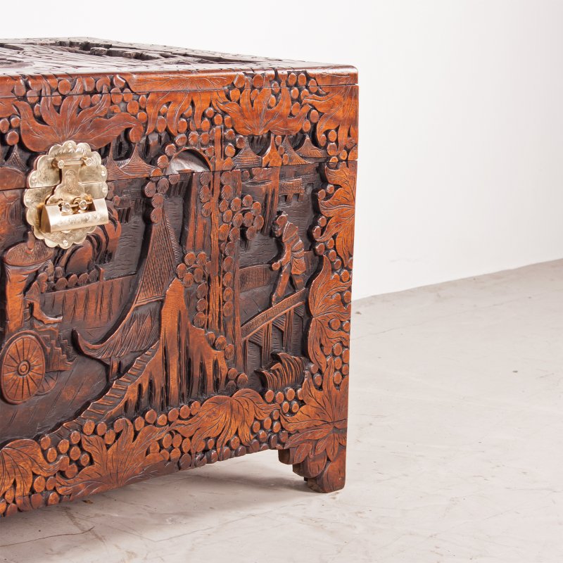 Deeply Carved Oriental Camphorwood Trunk - Image 13