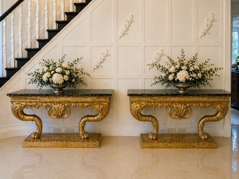 Antique Pair of Monumental Italian Baroque Revival Giltwood Console Tables with Breccia Marble Tops and Lion’s Paw Supports - Image 14