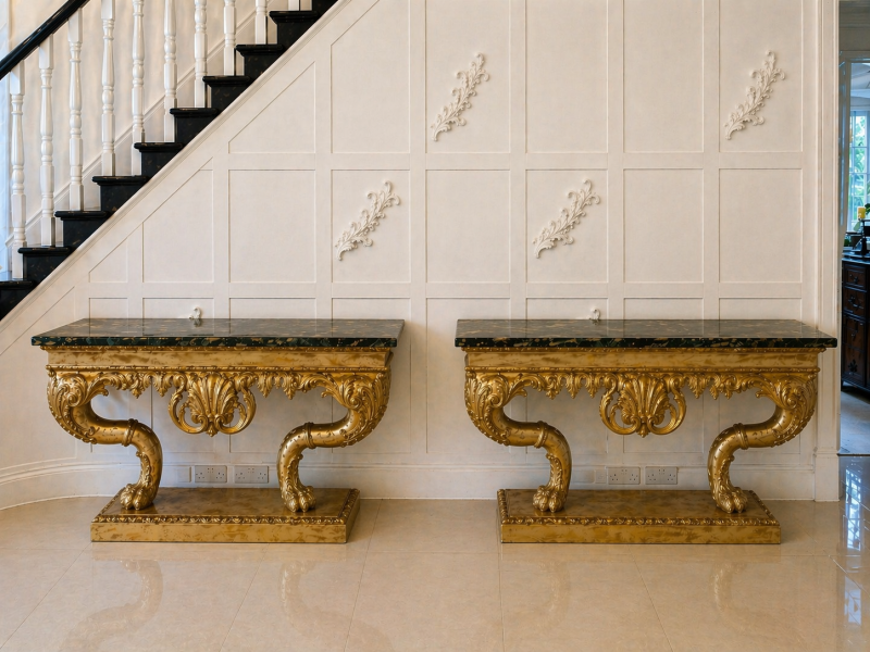 Antique Pair of Monumental Italian Baroque Revival Giltwood Console Tables with Breccia Marble Tops and Lion’s Paw Supports