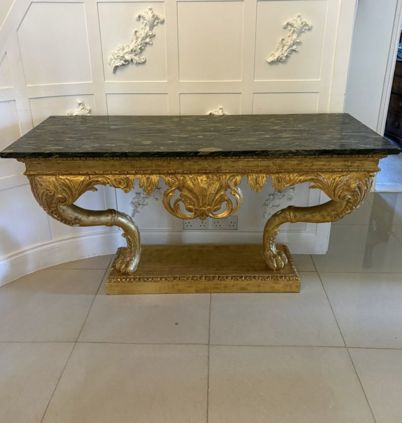 Antique Pair of Monumental Italian Baroque Revival Giltwood Console Tables with Breccia Marble Tops and Lion’s Paw Supports - Image 3