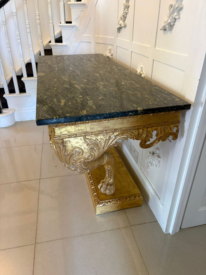 Antique Pair of Monumental Italian Baroque Revival Giltwood Console Tables with Breccia Marble Tops and Lion’s Paw Supports - Image 4