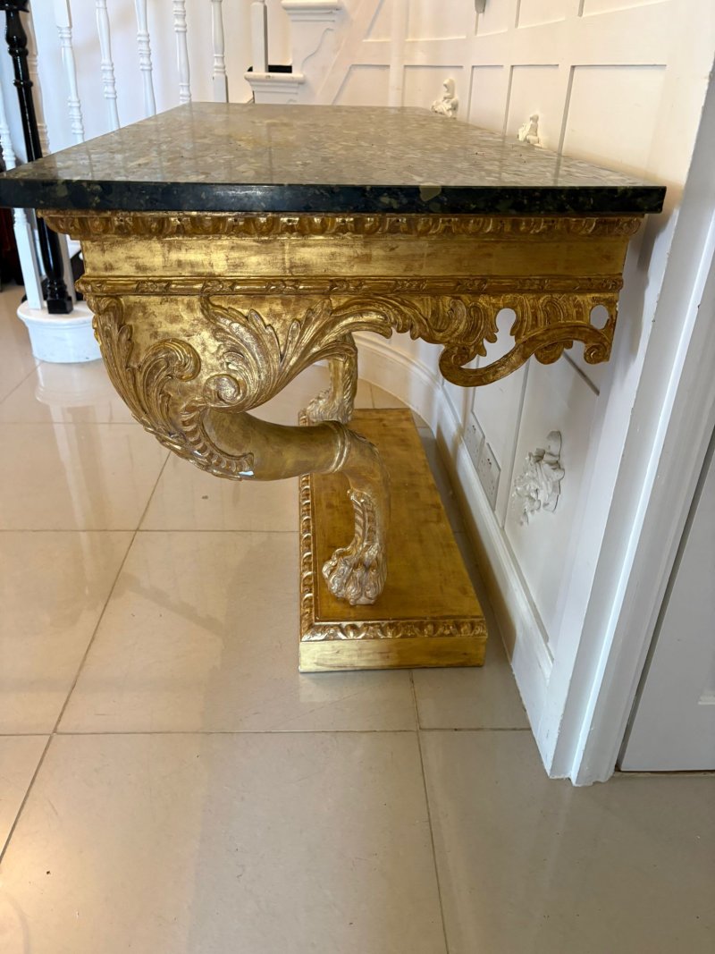 Antique Pair of Monumental Italian Baroque Revival Giltwood Console Tables with Breccia Marble Tops and Lion’s Paw Supports - Image 5