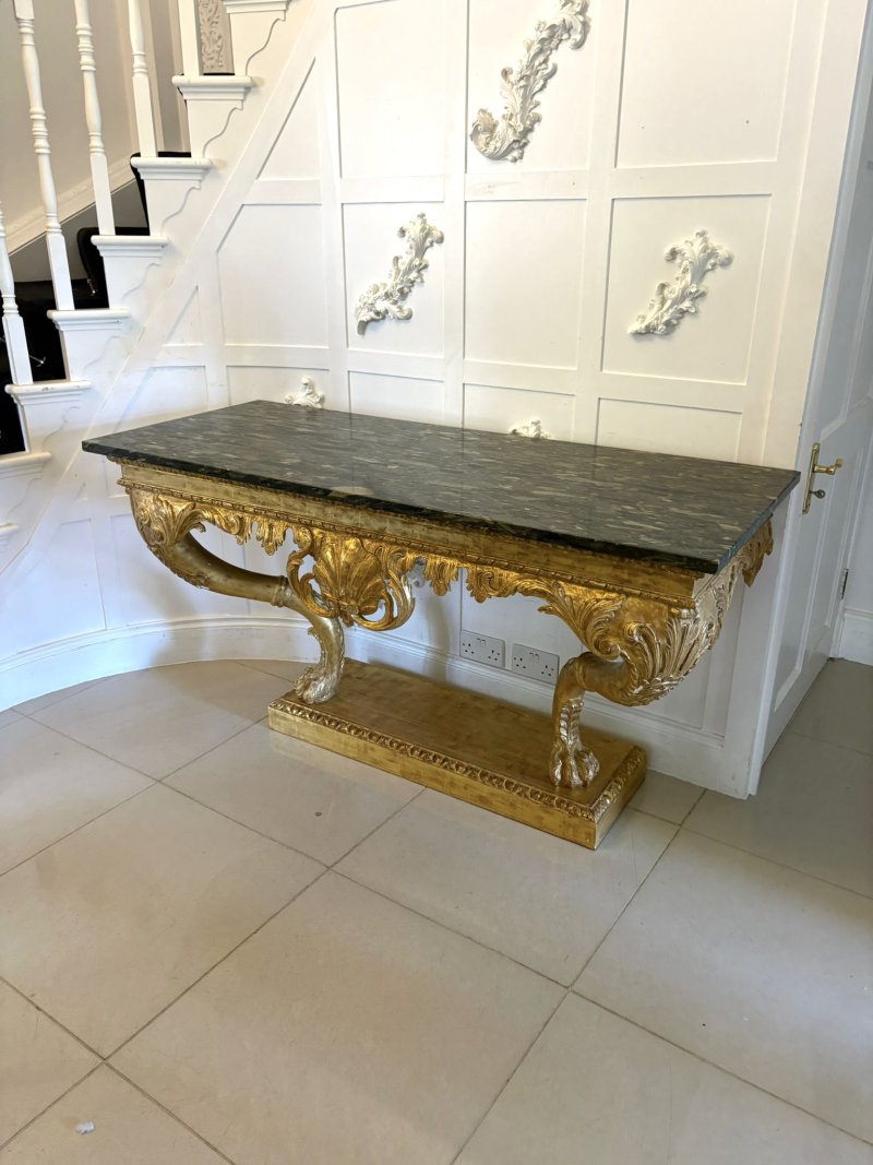 Antique Pair of Monumental Italian Baroque Revival Giltwood Console Tables with Breccia Marble Tops and Lion’s Paw Supports - Image 6