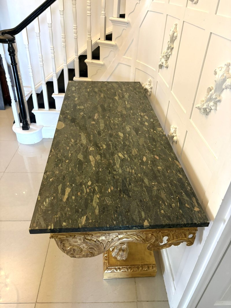 Antique Pair of Monumental Italian Baroque Revival Giltwood Console Tables with Breccia Marble Tops and Lion’s Paw Supports - Image 8